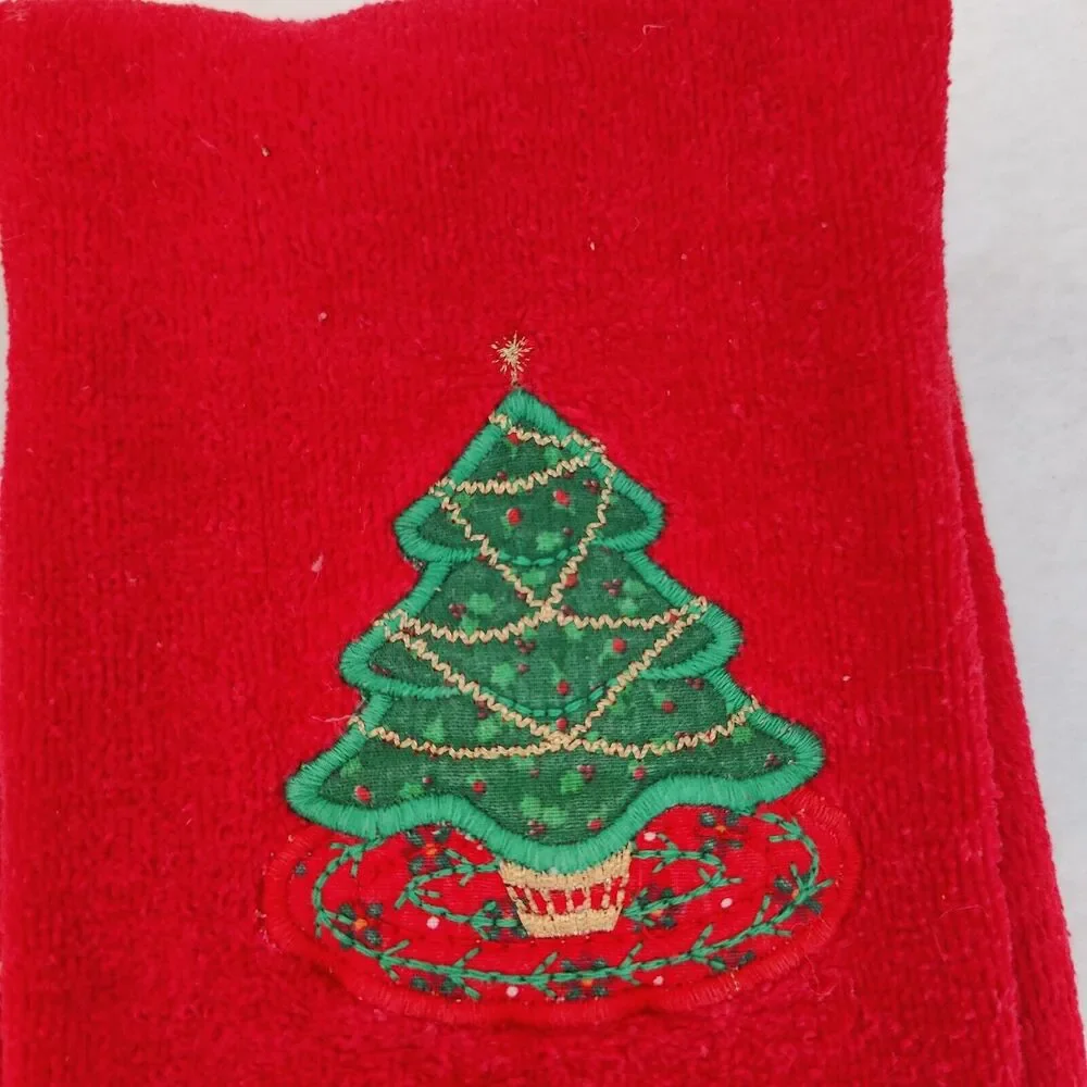 Cannon Red Christmas Tree Joy Embroider Fringe Hand Towels Set of 2 Pair Vintage